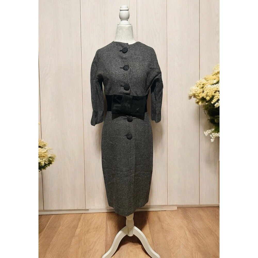Vintage 1960s Wool Dress Tweed Grey Mod Dress Maggie Stover Union Made 28”W S/M